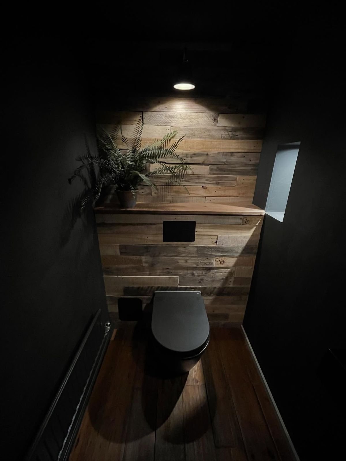 Dark downstairs WC with a reclaimed timber wall and a black wall-hung toilet