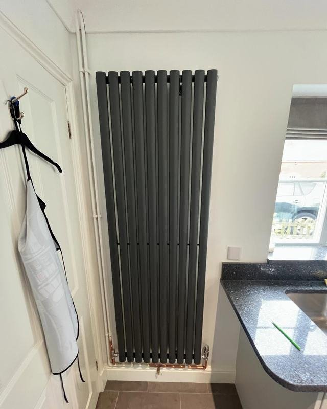 Tall anthracite vertical radiator beside a door